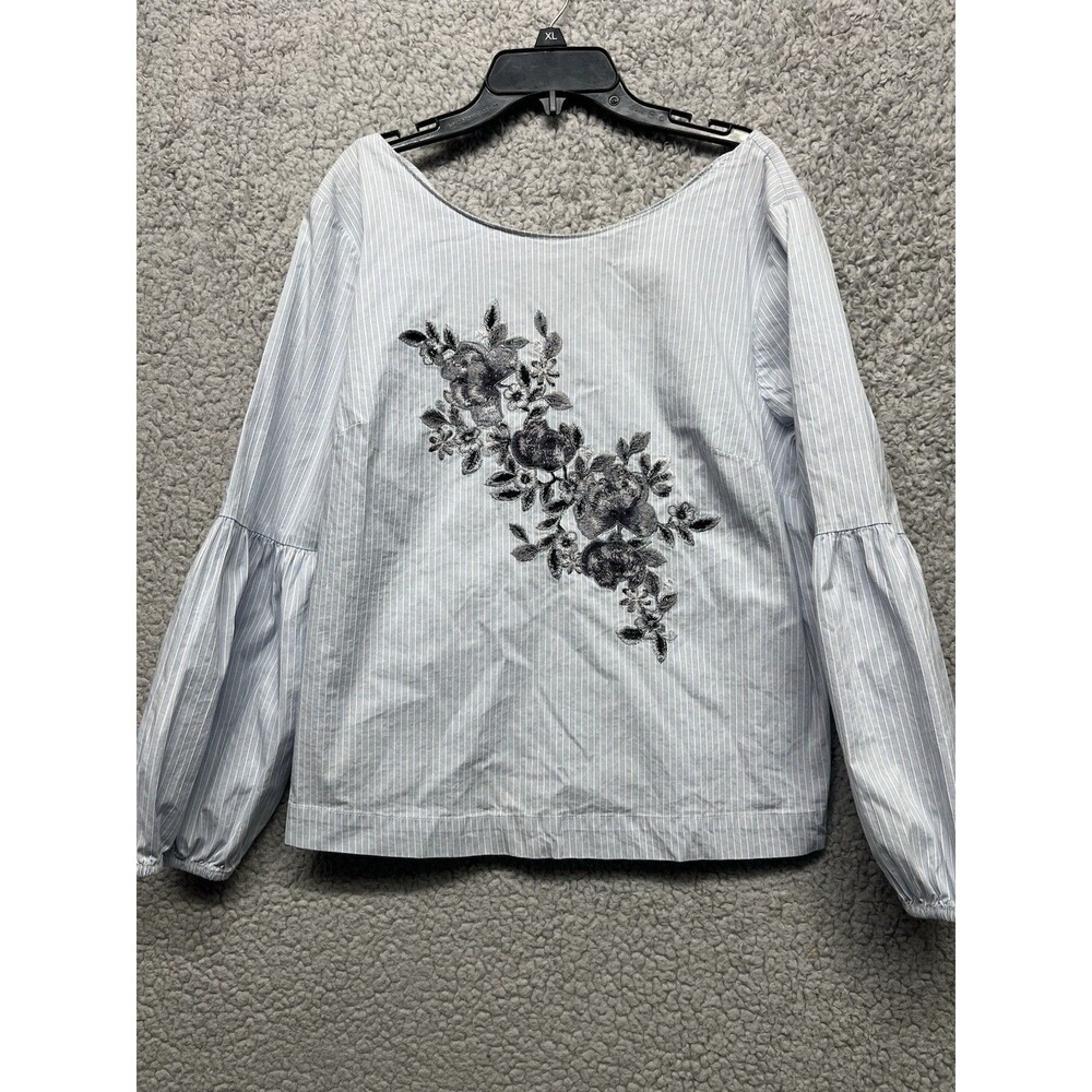 White House Black Market Women Tops, Pinstripe Floral Embroidery Blouse, Sz 14